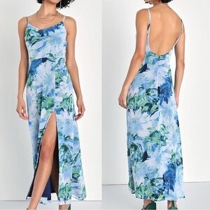 Lulus‎ Flowery Passion Blue Floral Print Cowl Neck Midi Dress Women’s Small NEW